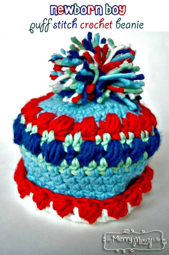 Crochet Newborn Baby Boy Puff Stitch Hat Pattern
